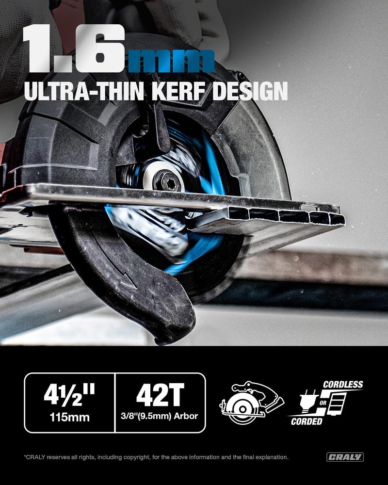 CRALY 4-1/2 Inch 42 Teeth Aluminum and Non-Ferrous Metal Cutting Circular Saw Blade, 3/8 mm Arbor, Carbide Tipped, Thin Kerf, Black Ice Coating, for Thin Aluminum, Plastic, Composite(C0442AL) - Image 3
